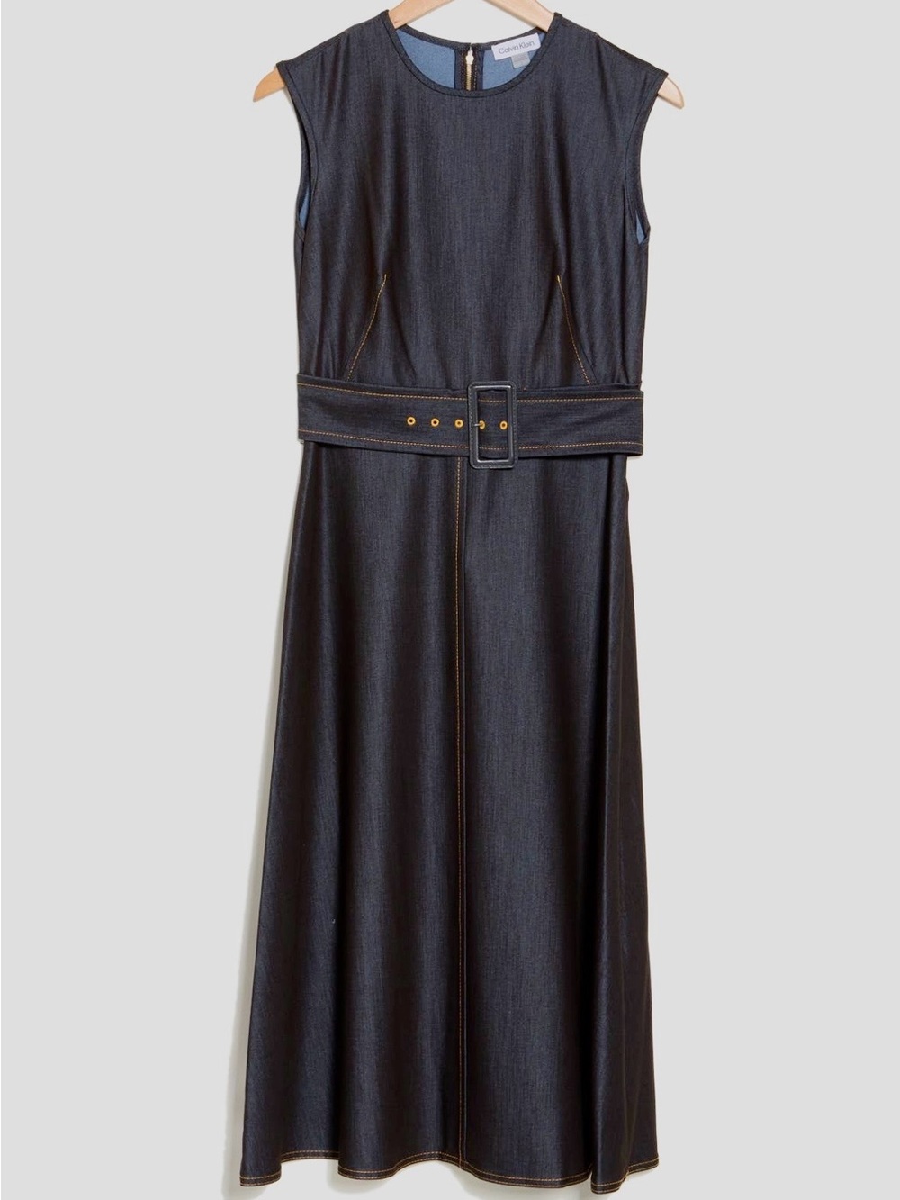 CALVIN KLEIN Belted Stretchy Dark Blue Denim Sleeveless Midi Dress